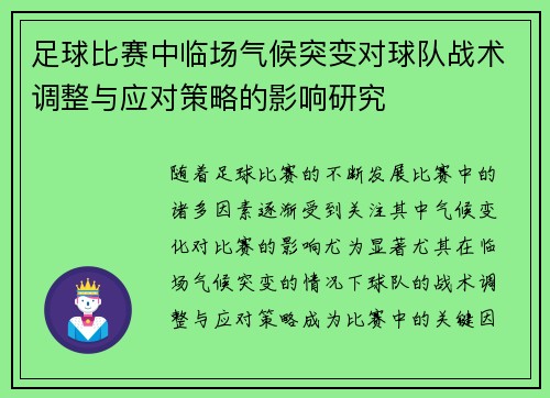 足球比赛中临场气候突变对球队战术调整与应对策略的影响研究