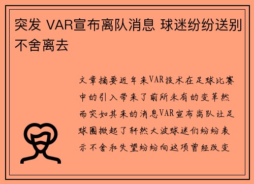 突发 VAR宣布离队消息 球迷纷纷送别不舍离去