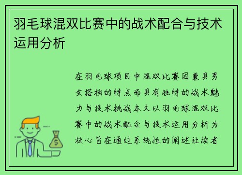 羽毛球混双比赛中的战术配合与技术运用分析