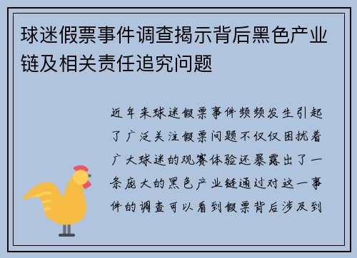 球迷假票事件调查揭示背后黑色产业链及相关责任追究问题